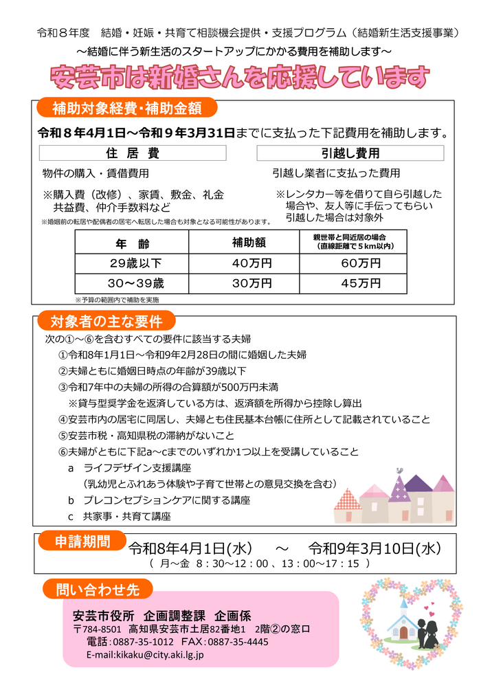 安芸市結婚新生活支援事業補助金チラシ