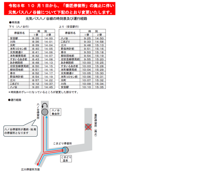 元気バス八ノ谷線の時刻表及び運行経路
